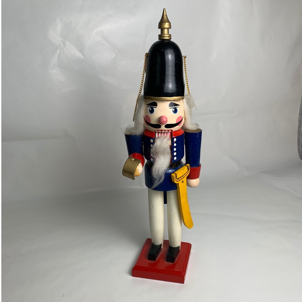 Vtg Wooden Nutcracker Soldier 14.5 Inch Blue Red Military Uniform Christmas Flaw